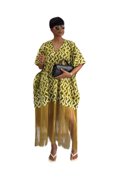 V-Neck Fringe Kaftan Zigzag (Green)