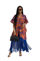 V-Neck Fringe Kaftan (Orange and Blue)