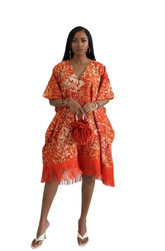 V-Neck Fringe Midi Kaftan (Orange)