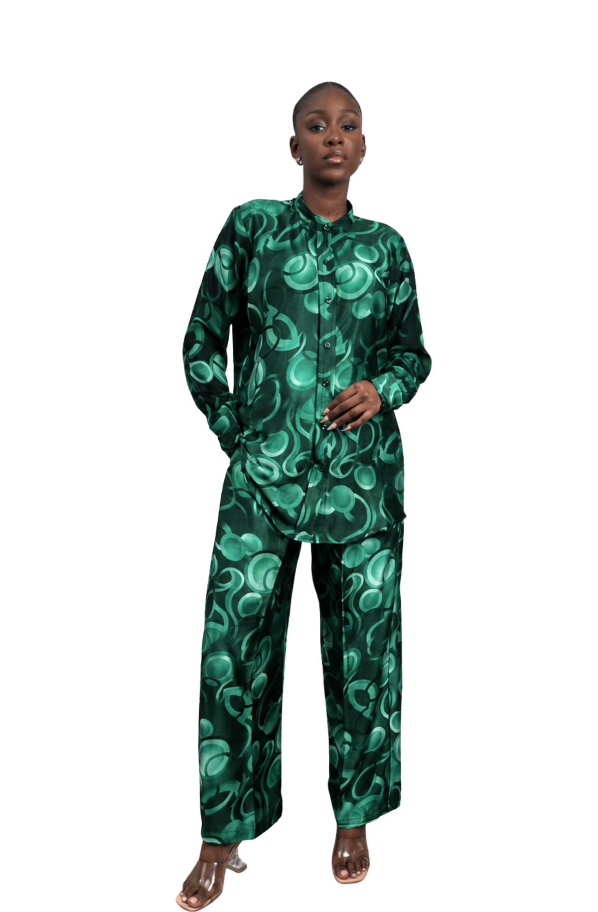 Print Silk/Chiffon Pants Set (Green)