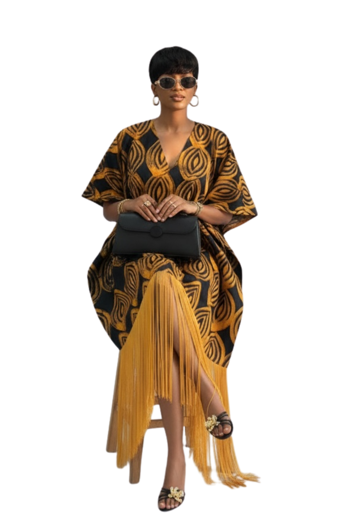 V-Neck Fringe Kaftan (Black & Gold)