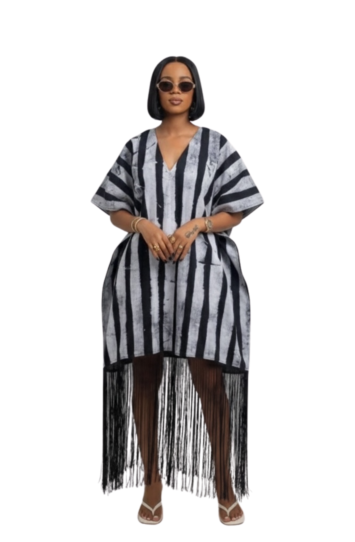 V-Neck Fringe Kaftan (Black & White)