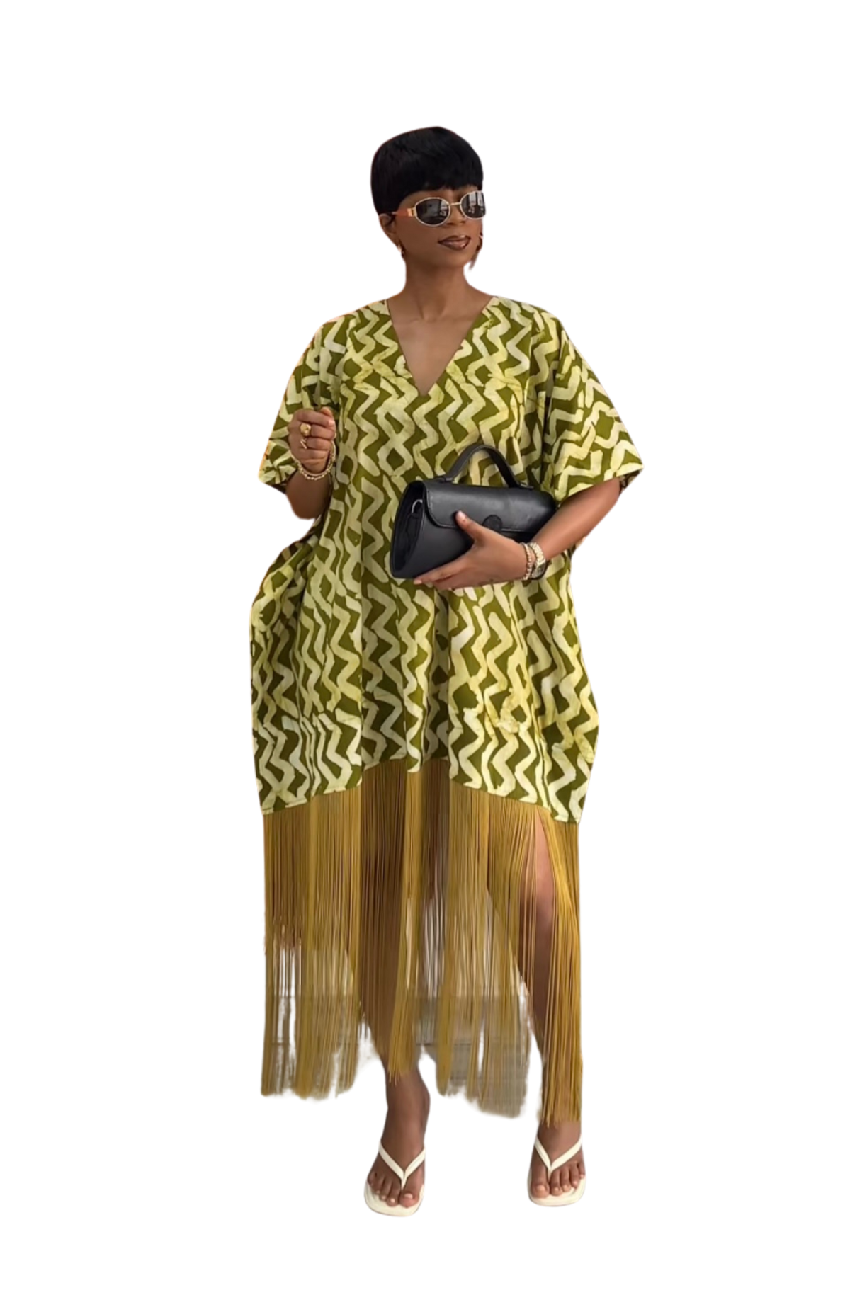 V-Neck Fringe Kaftan Zigzag (Green)