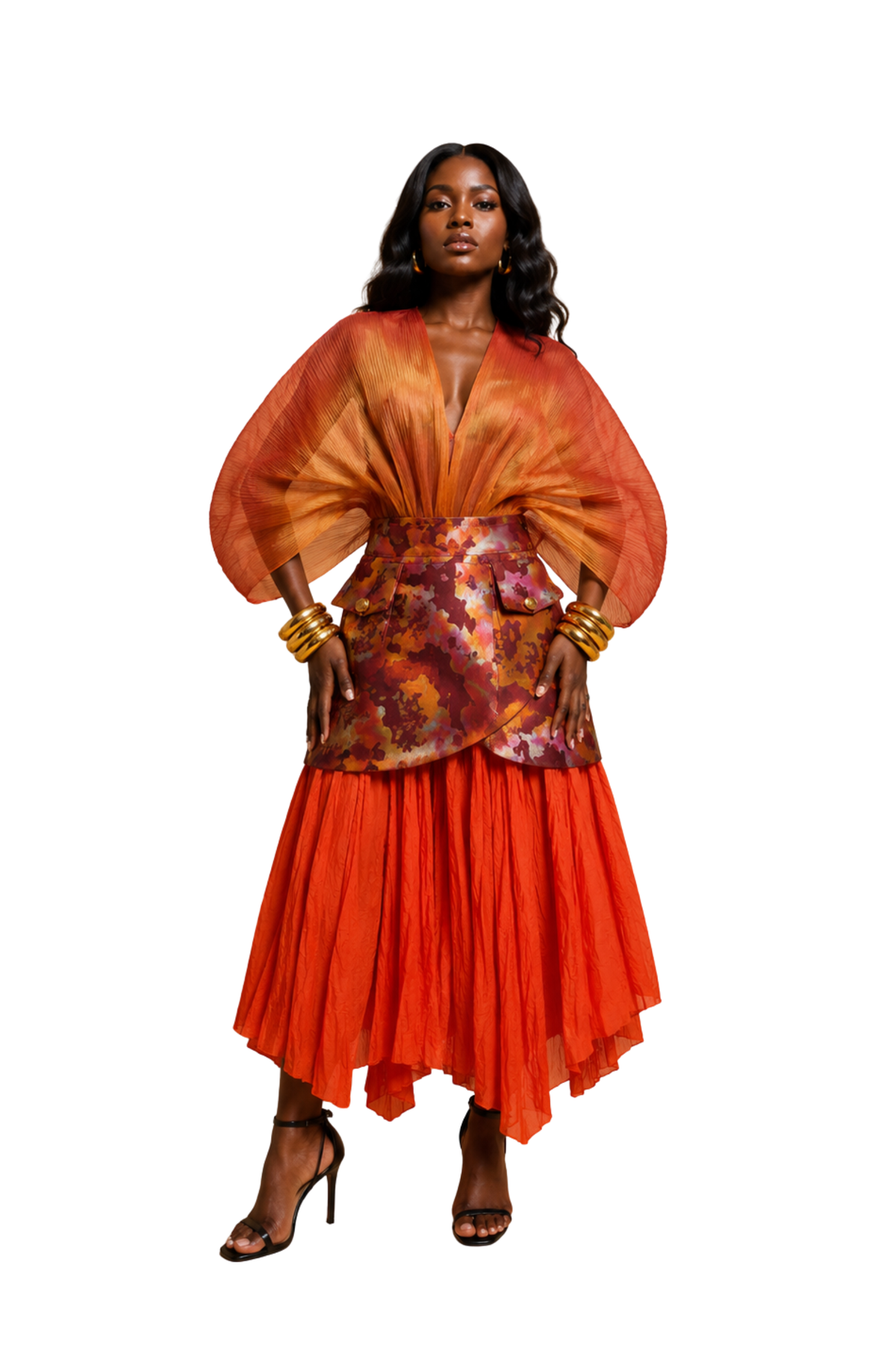 Crinkle Batik Peplum Skirt (Orange)