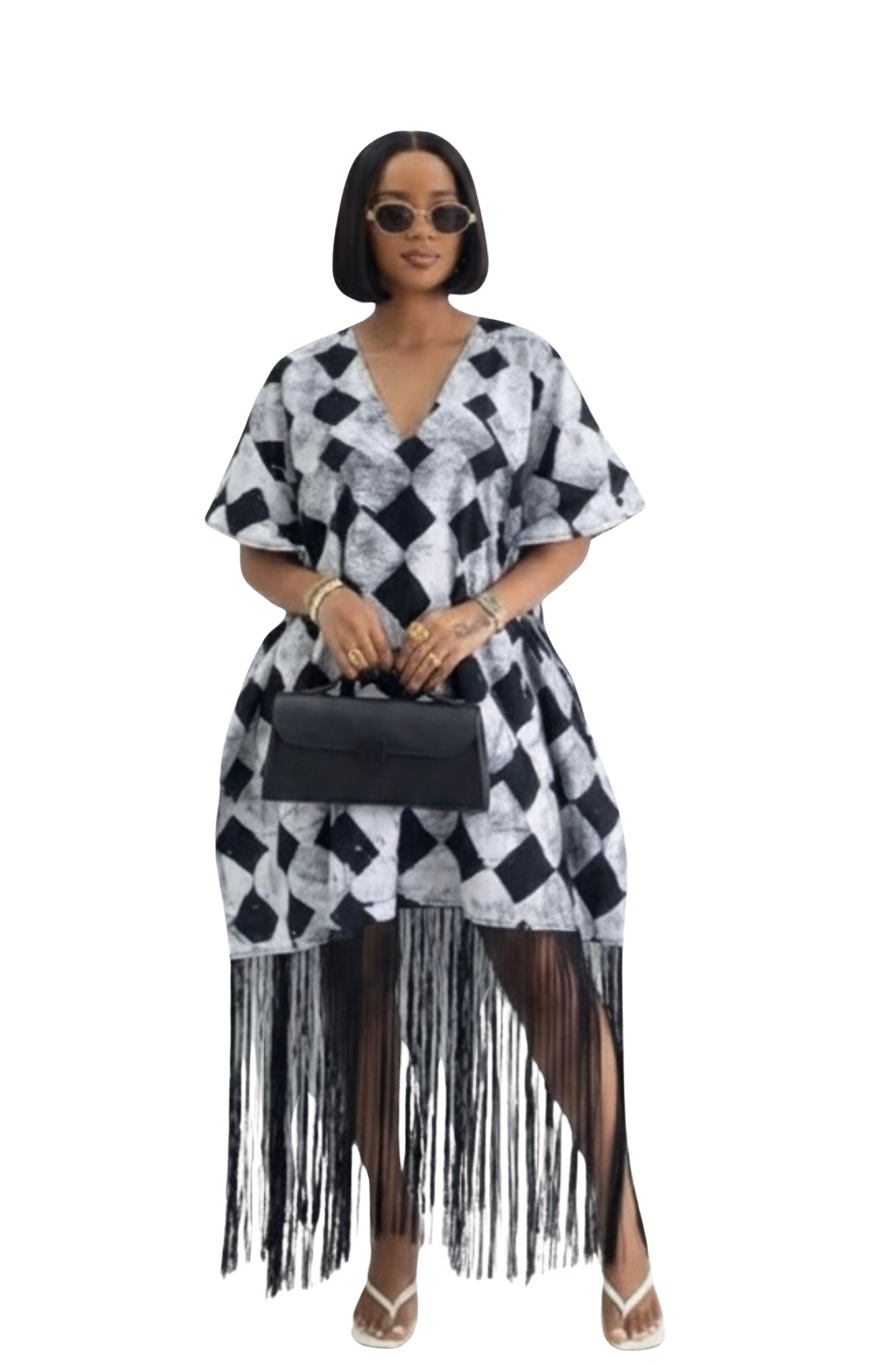 V-Neck Fringe Kaftan Kite (Black & White)