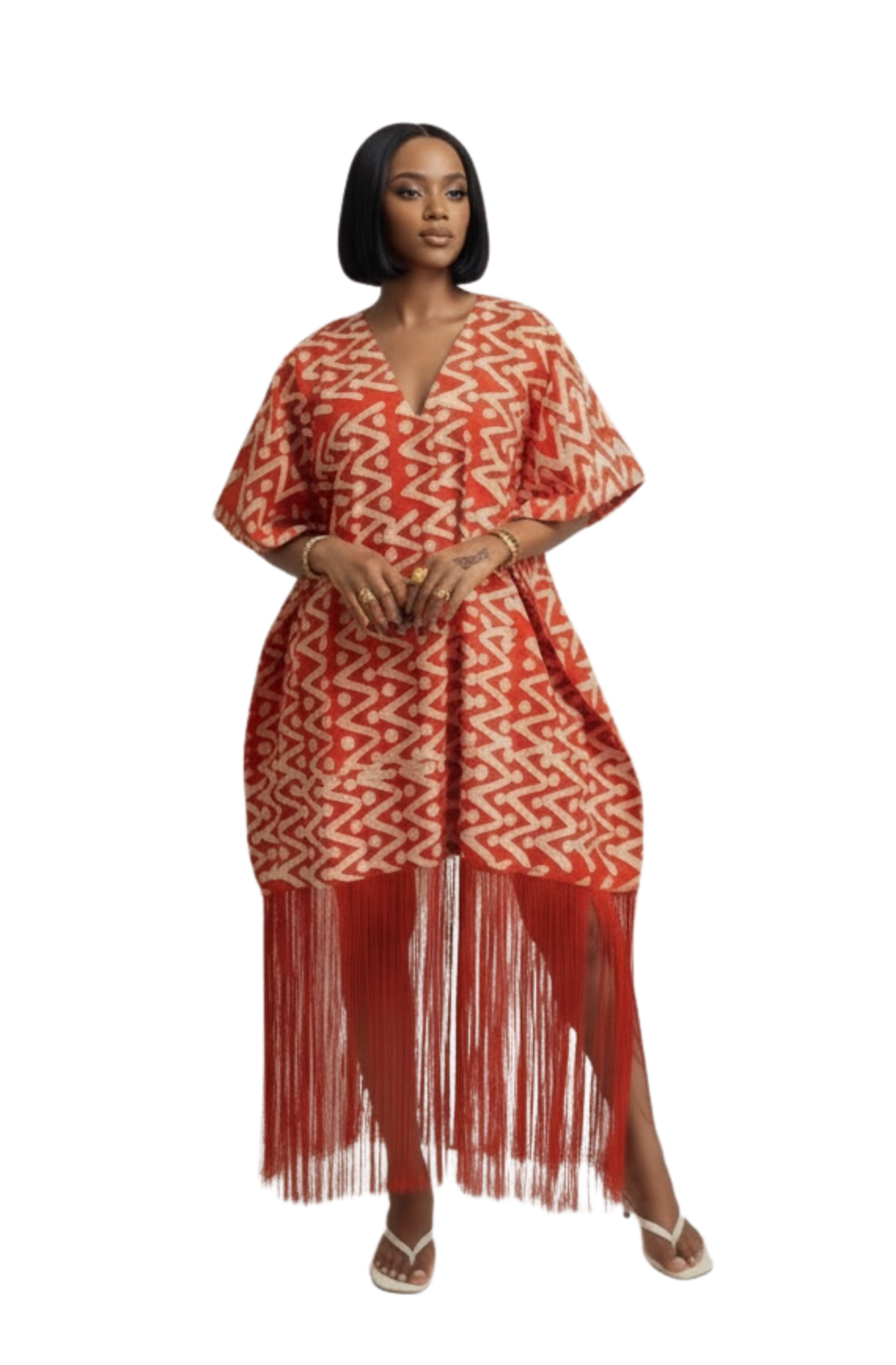 V-Neck Fringe Kaftan (Red)